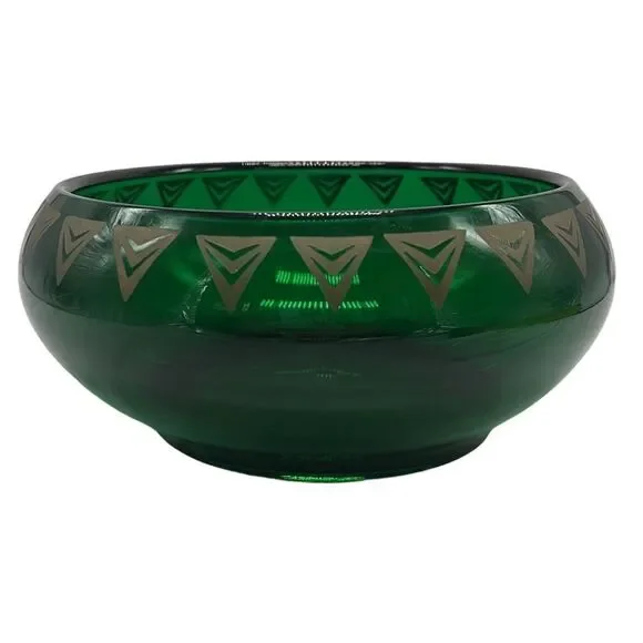 Dalzell Viking Bowl Epic Line Vintage Green Glass Geometric Gold Triangles MCM